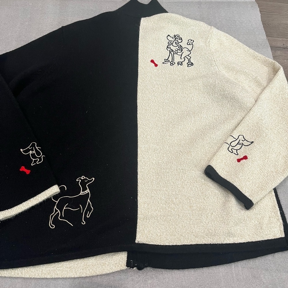 [XL]Tanjay Poodle cardigan sweater Black Cream Embroidered Dog Knit Zip Jacket - Picture 9 of 9
